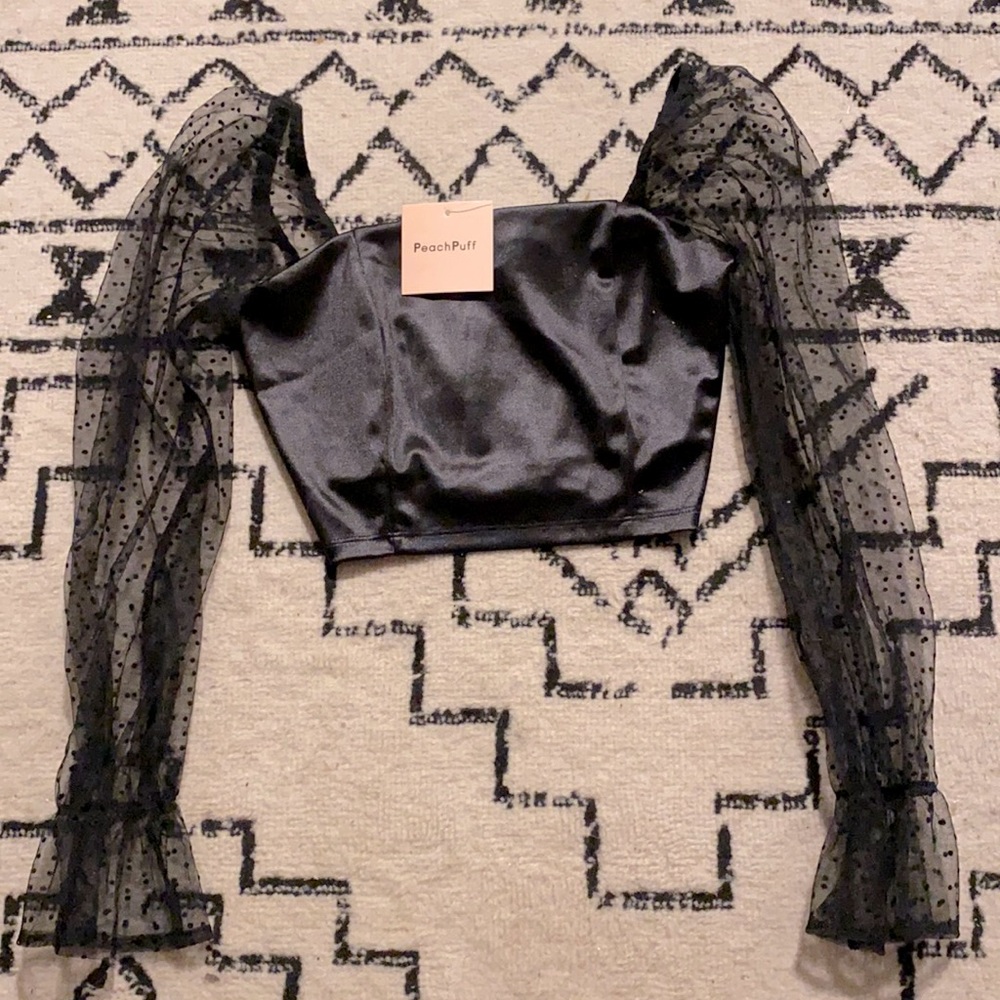 NWT Satin Crop Top with Mesh Polka Dot Sleeves